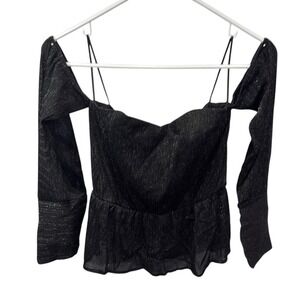 en elly Black Sparkle Off Shoulder Peplum Top Long Sleeve M